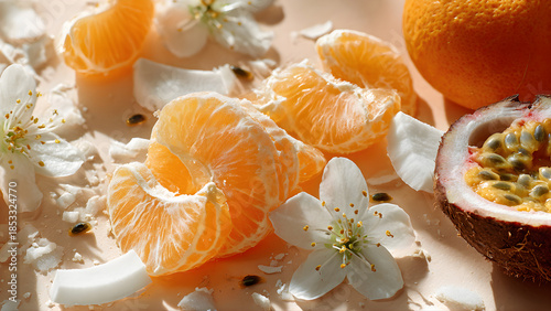 
flat lay composition, wet tangerine segments with juicy glowing pulp, delicate white blossom flowers, passionfruit half with glossy seeds, a small open chunk of coconut, artistic arrangement on a sof