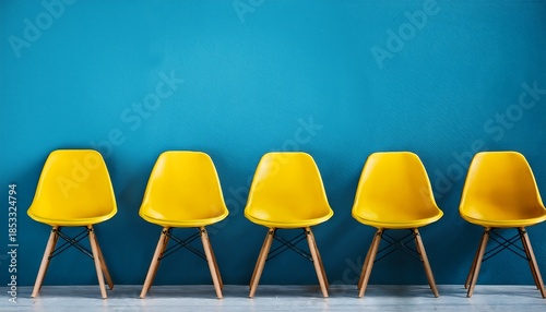 five minimalist chairs in a row with one standout yellow chair against a blue wall hiring concept
