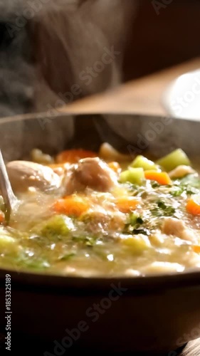 Soup preparation with chicken and vegetables in a kitchen setting during the evening
