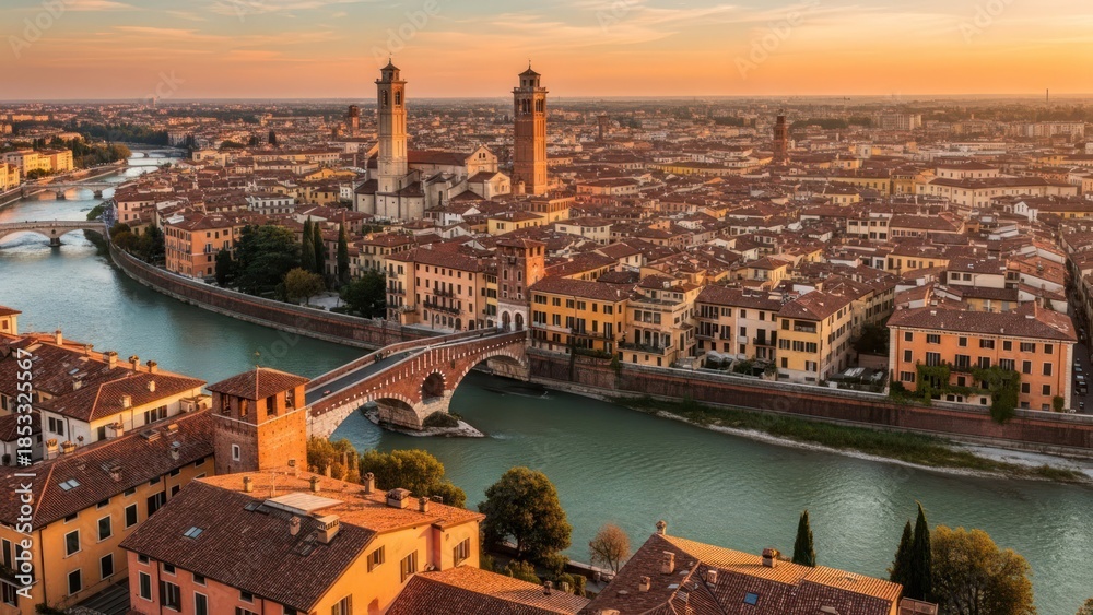 Obraz premium Aerial view of a historic European city, river, bridges, towers, sunset colors