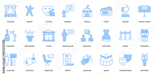 Performing art icon set. Containing theater, dance, acting, comedy, concert, orchestra, stage icon. Lineal blue style