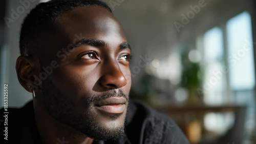 Portrait of a thoughtful young man gazing into the distance with sunlight illuminating his face. Modern lifestyle and introspective mood captured in a bright, serene indoor setting