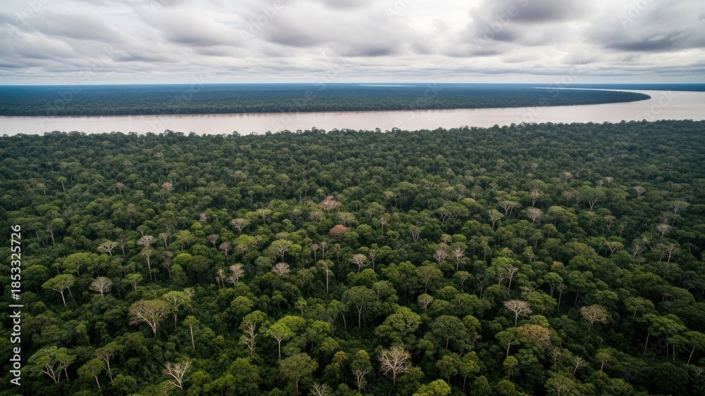 Fototapeta premium Aerial view of a vast, lush rainforest alongside a wide, brown river under cloudy skies