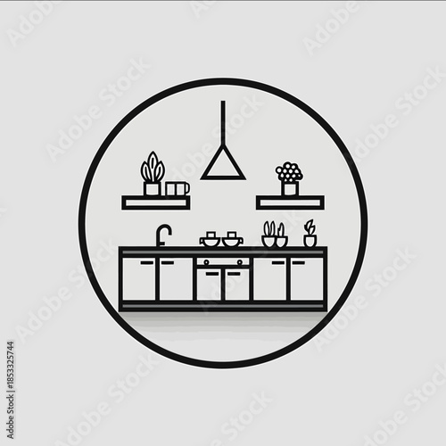 A logo for a kitchen furniture store black and white minimalistic white backgound