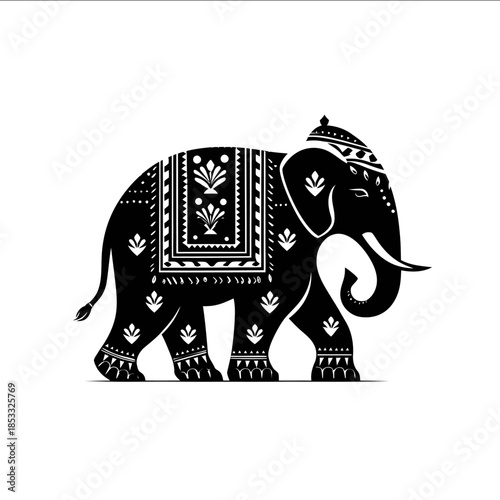 Black and white vector logo of an Indian elephant with traditional Indian patterns wearing an Arabian throne on its back walking to the right side Simple mini