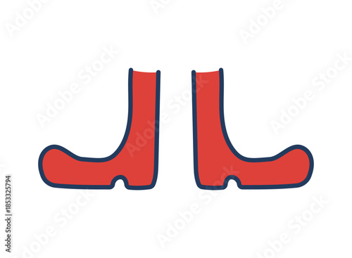 Pair of red snow, winter boots isolated on transparent. Hand drawn line drawing vector illustration. Traditional holiday, Christmas, seasonal design element, winter clothes, footwear clip art