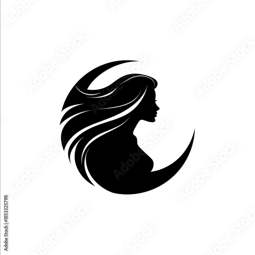 minimalist company logo elegant side profile silhouette of a womans face long flowing hair sweeping in the wind forming a circular shape around the face vecto
