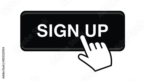 A black sign up button with a white hand cursor pointing to click it