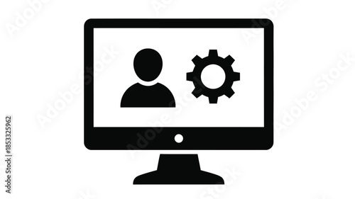 A black monitor displays a user profile icon and a settings gear symbol