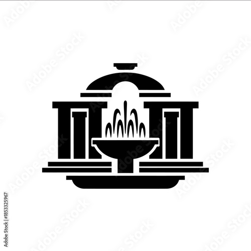 minimal black icon of a luxurious wedding hall with fountain or elegant pillars symbolic and upscale design clean vector silhouette transparent background rep