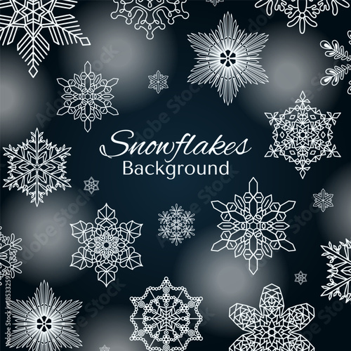 Snowflakes, white falling snow frame with copy space, border, background. Line drawing. Hand drawn vector illustration. Seasonal, winter design, blue backdrop, banner. Different shapes, ice crystals