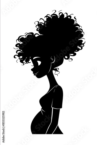Full body of a pregnant black woman profile silhouette drawing of a happy woman Black on white background