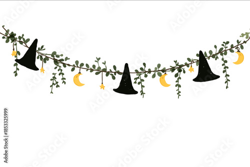 an illustration of a garland garland design with hanging black Witches hats and yellow full moons simple minimalistic style soft watercolor inspired illustrat