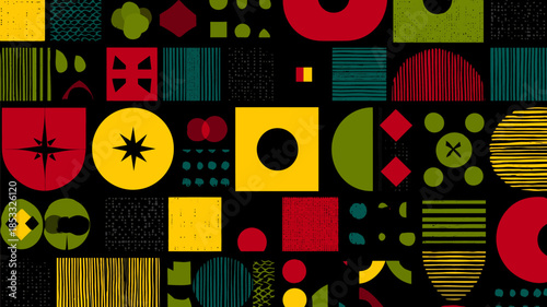 seamless abstract geometric pattern in retro style composed of bold flat shapes like circles stars diamonds semicircles crosses and dots arranged in a colorfu