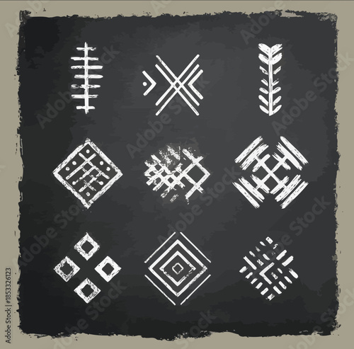A set of tribal symbols in white on a black background in the style of vector illustration with a flat design The artwork features simple lines and shapes wit