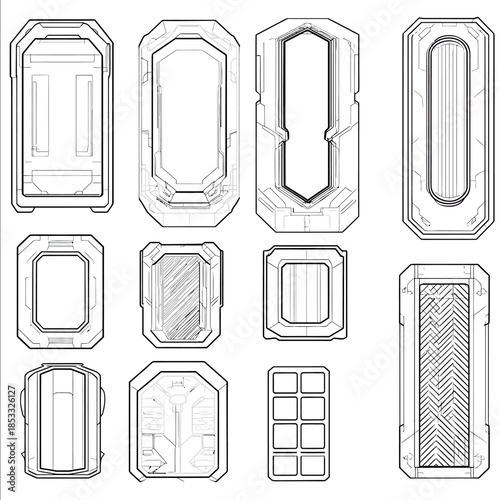 Minimalist black line art designs of different types and sizes of futuristic door panels on a white background Each design is simple and minimalistic with cle