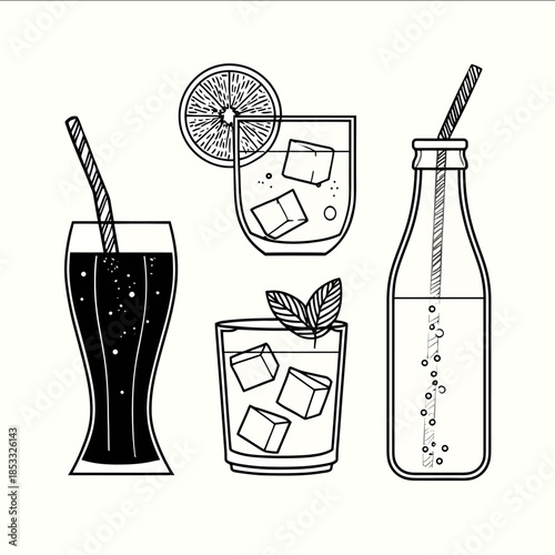 Minimalist black line drawings of cold drinks for a restaurant menu featuring CocaCola Glass Tall soda glass hourglass shape with condensation lines short dia