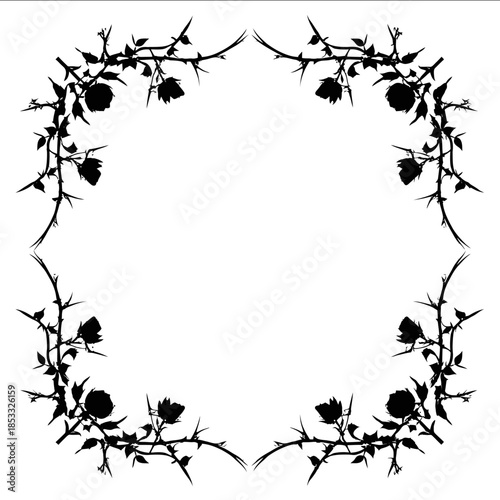 gothic black silhouette thorn rose square frame in white background