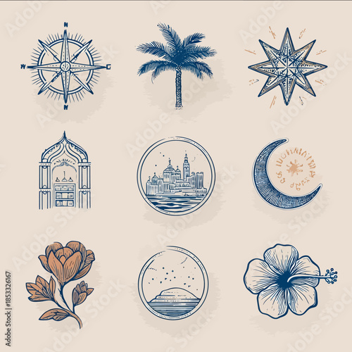 Design a series of ornamental linebased icons in a minimal MoroccanMexican fusion style inspired by the city of Casablanca and the lagoon of Bacalar Include e