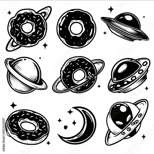 flash tattoo style cosmic donut icons black and white vector clean bold line art thick outlines solid black fill no shading no gradients planets crescent moon