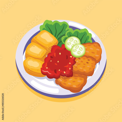 A flat illustration of traditional Indonesian tofu and tempeh dish served with vegetables and chili sauce, suitable for culinary menus and local food promotions.