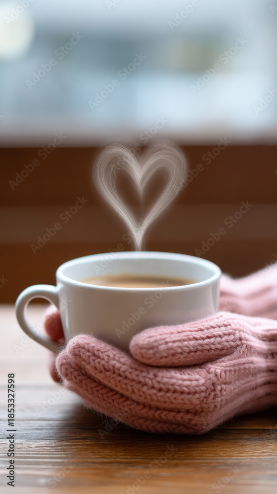 Fototapeta premium Cozy winter morning with heart shaped steam from tea cup held in knit mittens
