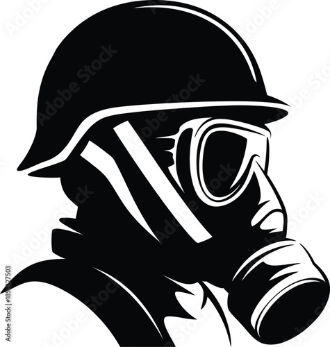 Soldier in Gas Mask and Helmet Silhouette Military Tactical Protection Icon