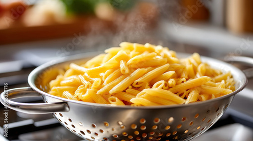 Freshly drained pasta in stainless steel colander for kitchen cooking concepts
