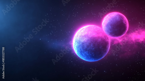 Enchanting binary star system with electric magenta glow and orbiting blue planets in cosmic scene