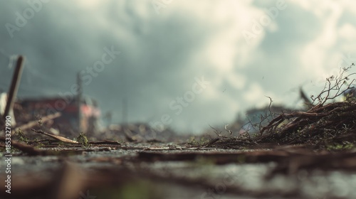 Tornado aftermath showcasing destruction and resilience with moody sky