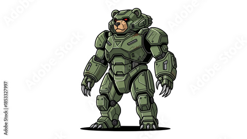 Fierce bear robot in green armor standing strong and ready for action