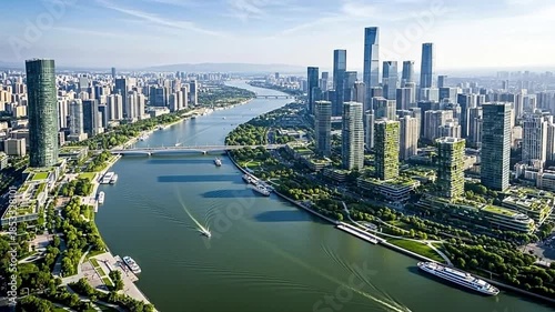 Panoramic aerial view of a modern city skyline with a wide river and boats.