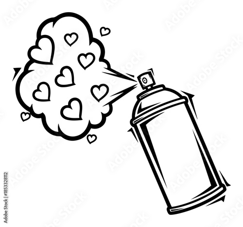 Aerosol spray can with heart shaped smoke, love graffiti vector illustration, urban street art sketch