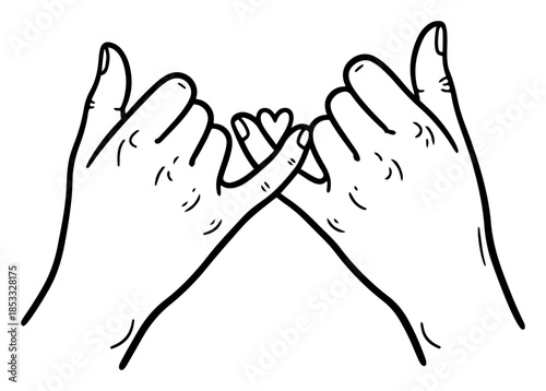 Pinky promise hands gesture with small heart, friendship and love vector sketch, trust symbol