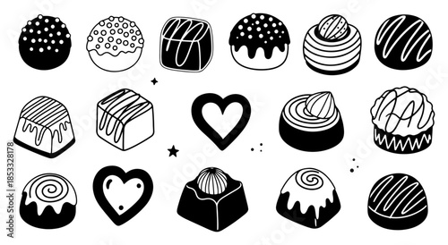 Hand drawn chocolate pralines collection, sweet candy vector set, valentine dessert sketch