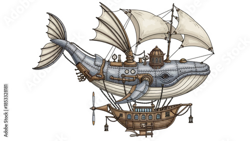 Steampunk airship whale hybrid sailing through imagination