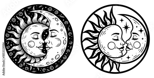 Sun and moon faces kissing, celestial couple vector illustration, mystical day and night symbol