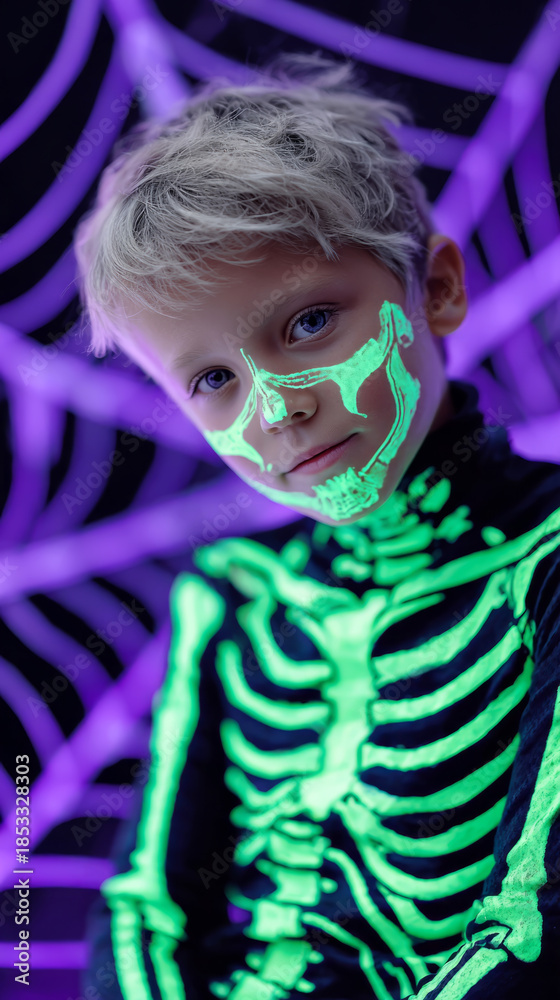 Fototapeta premium Child in glow in the dark skeleton costume with neon face paint for halloween fun