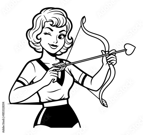 Retro woman cupid holding bow and love arrow, winking pin-up girl vector illustration, pop art valentine