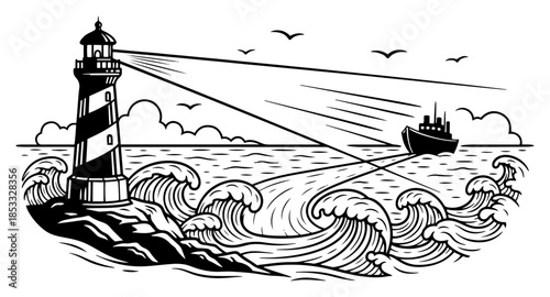 Lighthouse guiding ship in rough sea, nautical beacon vector illustration, engraving style ocean scene