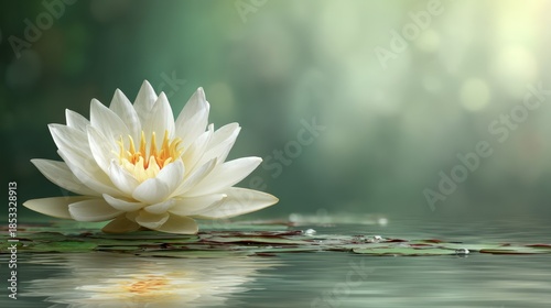 Elegant white lotus flower blooming peacefully on calm water with reflections and lush green bokeh background.