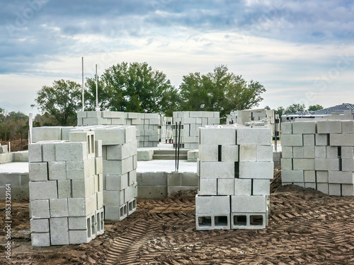 Stacks of precast concrete blocks on construction site of a future single-family house in a suburban residential development on a cloudy morning in southwest Florida. Motifs of solidity, permanence.