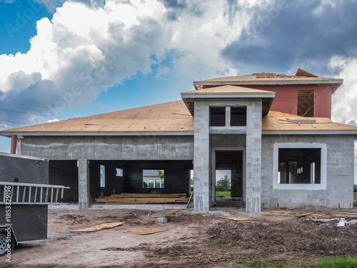 Street view of a single-family, hurricane-resistant house under construction, with roof in progress, and a ladder on the rear of a panel truck (left), in a suburban development in southwest Florida
