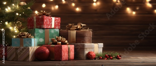 a pile of wrapped gifts under the christmas tree, with colorful wrapping paper and ribbons scattered around them Generative AI