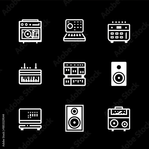 various black and white minimalist icons for highlights cover for dj music producer party musics synthesizers home studio sound speaker