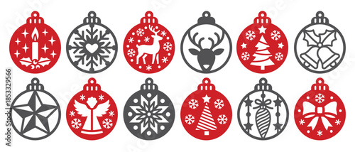 Set of 12 round Christmas ball designs. Winter holidays pendant or keychain silhouettes. Laser cut with metal, wood or leather. New Years decorative vector circle hanging elements