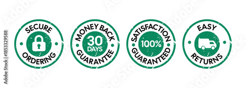 Customer Guarantee Badge Set with Secure Ordering, Money Back, Satisfaction, and Easy Returns Icons – High Quality Vectorial Stock Image