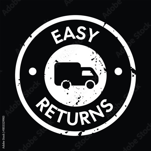 Easy Returns Badge with Delivery Truck Icon on Black Background – High Quality Vectorial Stock Image