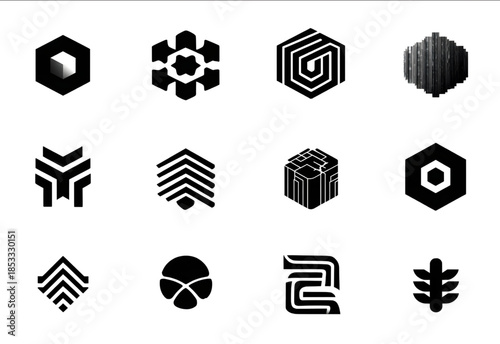 a series of 10 different modern logomarks flat vector art solid black on a stark white background