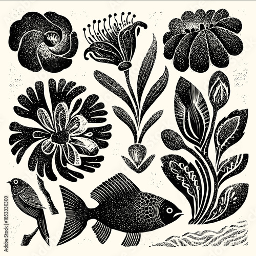 Finnish folk art style of flowers cloud and fish fashion design with nature as the theme woodcut prints oil prints lines inspired by Nordic design and modern